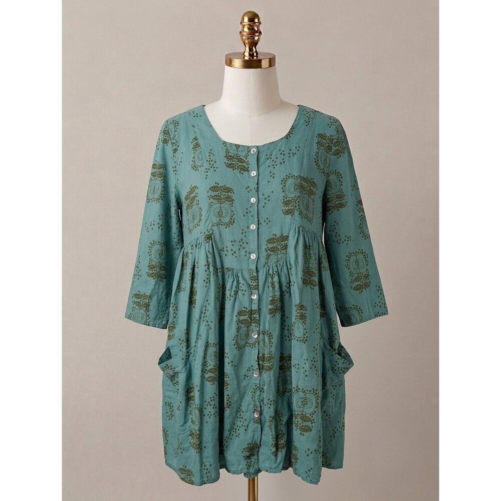 Gudrun Sjoden Cotton Linen Apple Print Button Front Tunic Top Dress Pockets - M